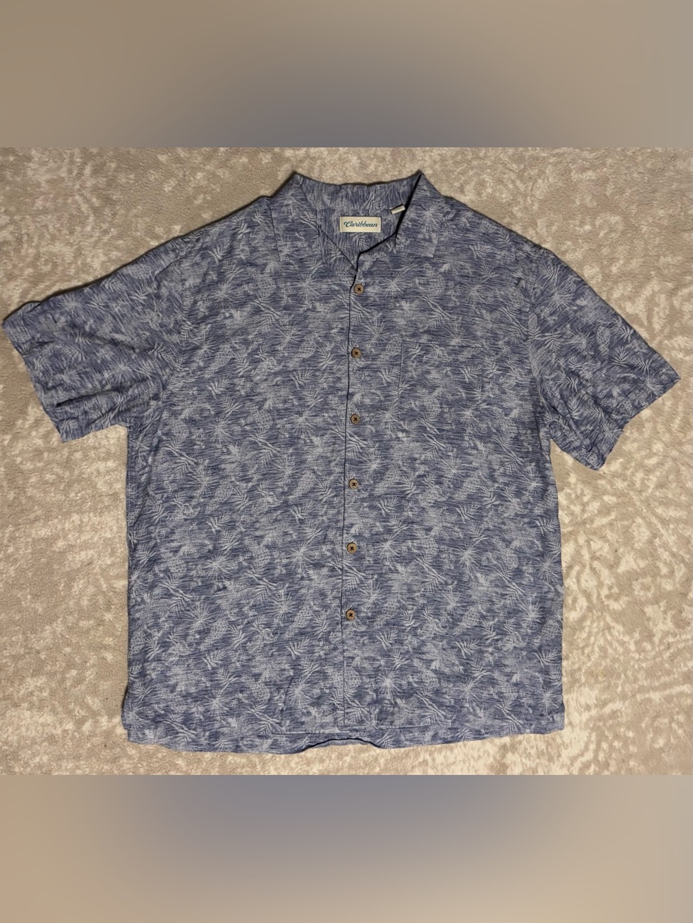 Caribbean Men’s Polo Shirt Blue Short-Sleeve Button-Down Tropical Men Sized L